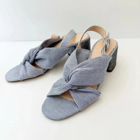 J. CREW Size 6 Twisted Knot Penny Blue White Stripe Sandal Glitter Block Heel - Picture 1 of 6
